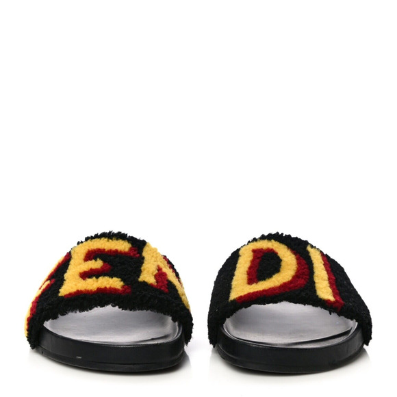 Fendi Mens Shearling Fur Logo Yellow Red Black Flat Slide Sandal Flip Flop 7 - Picture 5 of 12